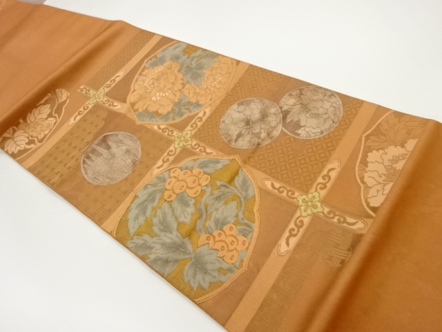 格天井に牡丹・千両・丸文様織出し袋帯